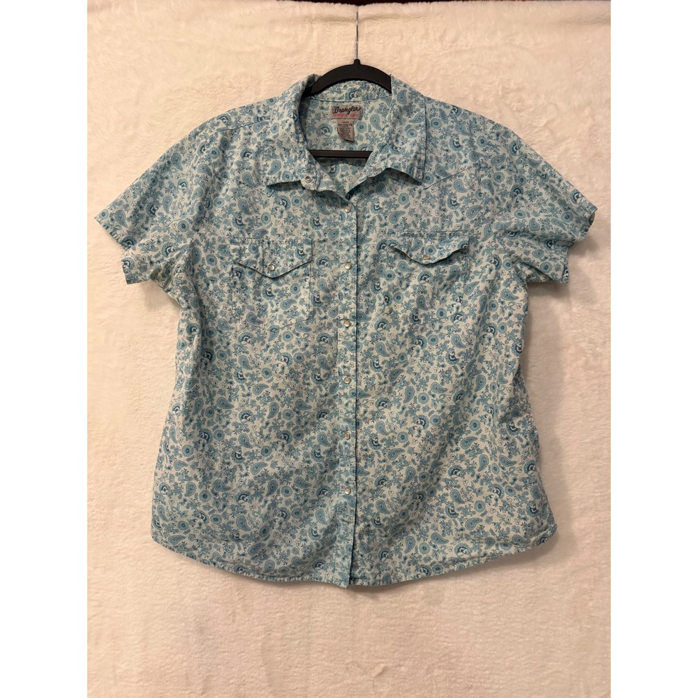 Wrangler Women XXL Blue Paisley Western Shirt Short Sleeve Cotton Snap Front XL